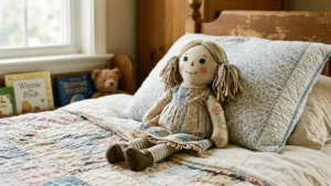 Muñeco de tela hecho con ropa vieja reciclada sobre una cama infantil