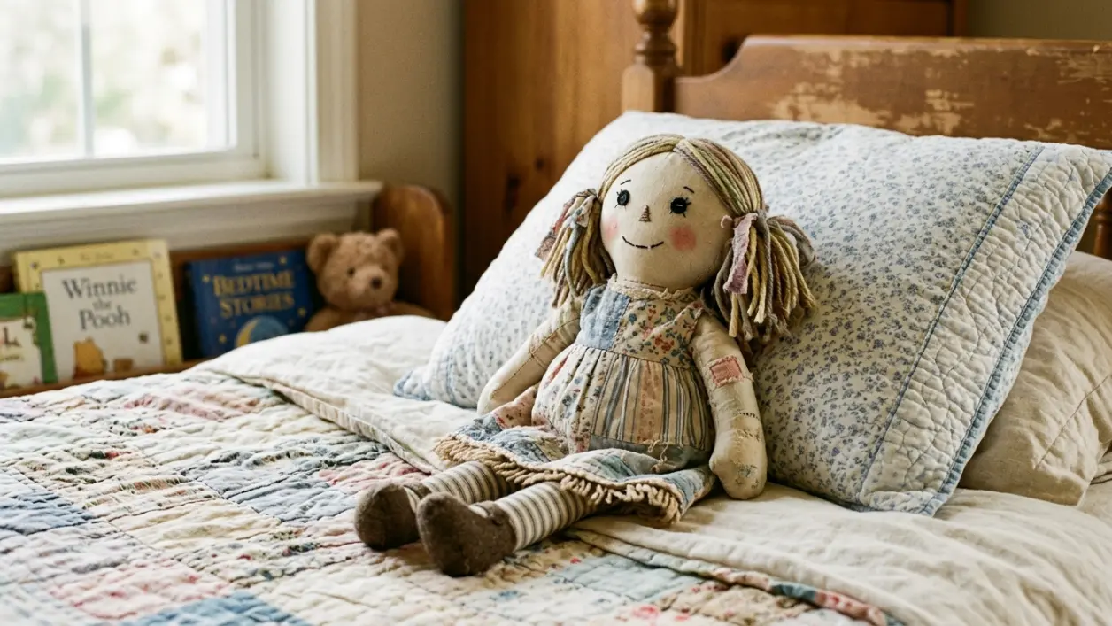 Muñeco de tela hecho con ropa vieja reciclada sobre una cama infantil