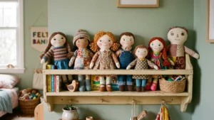 Muñecos de tela de ropa reciclada terminados sobre una repisa infantil