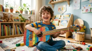 Niño jugando con una guitarra de juguete de cartón reciclado terminada