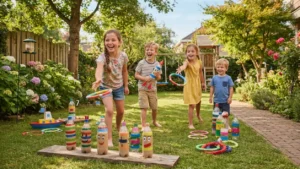 Niños jugando con juguetes caseros hechos de botellas de plástico recicladas