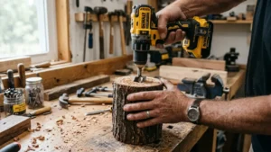 Perforando un tronco de madera para hacer un portavelas reciclado