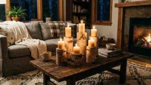 Portavelas hechos con troncos de madera reciclados en una sala rústica