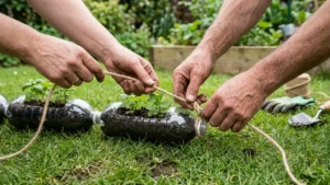 Uniendo botellas de plástico recicladas para armar un cerco de jardín