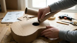 Uniendo el mástil de cartón al cuerpo de una guitarra de juguete reciclada